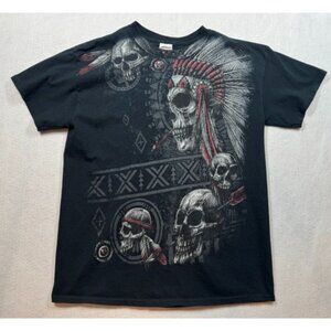 Vintage Native American Skull T-Shirt Adult Medium Black Tribal Goth Headdress